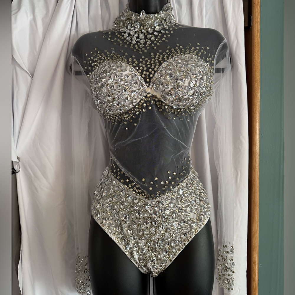 Rhinestone Embellished Sheer Silver White Bodysuit Leotard